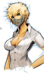Rule 34 | 1girl, blonde hair, breasts, cleavage, collarbone, green eyes, hand on own hip, large breasts, lena forst, mask, missing stars, mouth mask, sho-n-d, short hair, solo, unbuttoned, upper body