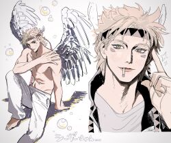 Rule 34 | 1boy, abs, angel wings, barefoot, blonde hair, bubble, caesar anthonio zeppeli, cigarette, collared jacket, commentary, cropped legs, eyelashes, facial mark, fake head wings, full body, green eyes, groin, hand on ground, hand on own face, hand on own shoulder, hand up, headband, highres, jacket, jojo no kimyou na bouken, knee up, looking at viewer, male focus, miyage no nukegara, multiple views, no nipples, pants, patterned clothing, pectorals, shadow, shirt, simple background, sitting, smoking, sparkle, t-shirt, topless male, translation request, upper body, white background, white pants, white shirt, wing hair ornament, wings