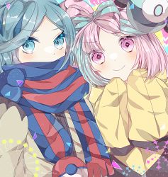 Rule 34 | 1boy, 1girl, bow-shaped hair, character hair ornament, creatures (company), game freak, grusha (pokemon), hair ornament, hexagon print, highres, iono (pokemon), jacket, multicolored hair, nintendo, oversized clothes, poke ball print, pokemon, pokemon sv, scarf, scarf over mouth, sleeves past fingers, sleeves past wrists, split-color hair, to camellia, two-tone scarf, very long sleeves, yellow jacket