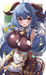 Rule 34 | 1girl, absurdres, ahoge, bell, blue hair, blush, breasts, brown pantyhose, chinese knot, cowboy shot, detached sleeves, flower knot, ganyu (genshin impact), genshin impact, gold trim, highres, horns, large breasts, long hair, looking at viewer, neck bell, open mouth, pantyhose, purple eyes, sideboob, sidelocks, solo, tassel, thighlet, thighs, torn clothes, vision (genshin impact), white sleeves, yuk (pakyaru)