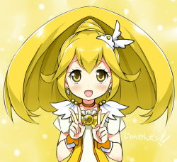 Rule 34 | 10s, 1girl, blonde hair, bow, choker, cure peace, double v, dress, eyelashes, hair flaps, kise yayoi, magical girl, precure, skirt, sky-freedom, smile precure!, solo, v, wide ponytail, wrist cuffs, yellow background, yellow bow, yellow dress, yellow eyes, yellow skirt, yellow theme