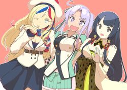 Rule 34 | 10s, 3girls, :d, akitsushima (kancolle), belt, beret, black hair, black skirt, blonde hair, blue eyes, blue hair, breasts, cleavage, commandant teste (kancolle), detached sleeves, double-breasted, girl sandwich, grey eyes, hair tubes, hand on another&#039;s shoulder, hat, highres, jacket, kantai collection, long hair, long sleeves, looking at viewer, masukuza j, medium breasts, military, military uniform, miniskirt, mizuho (kancolle), multicolored hair, multiple girls, obi, one eye closed, open mouth, plaid, plaid scarf, pom pom (clothes), purple eyes, purple hair, red background, red hair, sandwiched, sash, scarf, side ponytail, sidelocks, simple background, skirt, smile, uniform, very long hair, white hair, white jacket