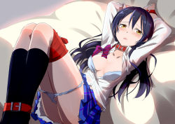 Rule 34 | 10s, 1girl, arms up, assisted exposure, bad id, bad pixiv id, bdsm, black socks, blue hair, blush, bondage, bound, bow, bowtie, bra, bra pull, breasts, clothes pull, collar, cuffs, gotyou, kneehighs, long hair, looking at viewer, love live!, love live! school idol project, lying, on back, open clothes, open mouth, open shirt, panties, panty pull, petticoat, school uniform, shirt, socks, solo, sonoda umi, striped bow, striped bowtie, striped clothes, striped neckwear, tears, underwear, yellow eyes