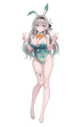 Rule 34 | 1girl, absurdres, alternate costume, animal ears, black hairband, blush, bow, bowtie, breasts, commentary, covered navel, detached collar, double v, fake animal ears, firefly (honkai: star rail), green leotard, grey hair, hair between eyes, hair intakes, hairband, hands up, high heels, highleg, highleg leotard, highres, honkai: star rail, honkai (series), large breasts, leotard, long hair, looking at viewer, playboy bunny, purple eyes, rabbit ears, rianya07, solo, standing, strapless, strapless leotard, tearing up, thigh gap, thigh strap, v, wavy mouth, white footwear, wrist cuffs, yellow bow, yellow bowtie
