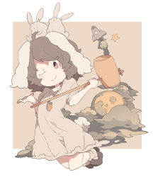 Rule 34 | 1girl, animal ears, black hair, carrot, carrot necklace, cloud, dress, full moon, inaba tewi, jewelry, kine, koukou (climacool), mallet, moon, necklace, pendant, pink dress, rabbit, rabbit ears, red eyes, rocket ship, short hair, smile, solo, spacecraft, star (symbol), tail, touhou