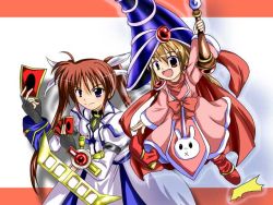 Rule 34 | 2girls, alternate weapon, card, card ejector, duel disk, duel monster, holding, holding card, lyrical nanoha, mahou shoujo lyrical nanoha, mahou shoujo lyrical nanoha strikers, multiple girls, parody, pile of cards, raising heart, takamachi nanoha, vivio, weapon, yu-gi-oh!, yu-gi-oh! duel monsters, yu-gi-oh (card)
