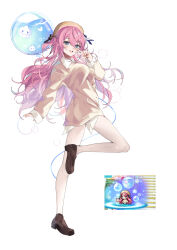 Rule 34 | 1girl, ;d, absurdres, balloon, bare legs, beret, blush, breasts, brown footwear, commentary request, dress, full body, hair between eyes, hat, highres, long hair, long sleeves, looking at viewer, maplestory, medium breasts, messy hair, miyasaka miyabi, one eye closed, one side up, open mouth, original, pink hair, reference inset, simple background, smile, standing, standing on one leg, v, very long hair, white background, yellow dress, yellow headwear