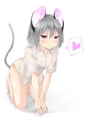 Rule 34 | 1girl, absurdres, all fours, animal ears, blush, bottomless, brown eyes, closed mouth, dress shirt, full body, grey hair, hair between eyes, heart, highres, kneeling, looking at viewer, mouse ears, mouse tail, naked shirt, nazrin (touhou), netamaru, shirt, short hair, smile, solo, spoken heart, tail, touhou, v arms, white background, white shirt