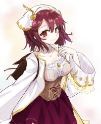 Rule 34 | 1girl, atelier (series), atelier lydie &amp; suelle, backpack, bag, blush, breasts, brown eyes, closed mouth, coat, commentary request, corset, cowboy shot, hair between eyes, hand up, head scarf, karasumi (aiseec), long sleeves, looking at viewer, medium breasts, red hair, red skirt, short hair, simple background, skirt, smile, solo, sophie neuenmuller, standing, white background, white coat, wide sleeves