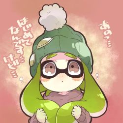 Rule 34 | 1girl, bobblehat, brown eyes, commentary request, green hair, hood, hoodie, inkling, inkling girl, inkling player character, lowres, mask, nana (raiupika), nintendo, solo, tentacle hair, translation request