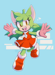 Rule 34 | 1girl, absurdres, ame (beeames), animal ears, bat ears, bat girl, bat wings, blue background, boots, brown eyes, dress, full body, furry, furry female, gloves, green fur, highres, looking at viewer, open mouth, original, pink gloves, red dress, red footwear, simple background, sleeveless, sleeveless dress, solo, sonic (series), teeth, two-tone boots, upper teeth only, white footwear, wings