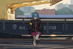 Rule 34 | 1girl, absurdres, aqua eyes, aqua hair, black jacket, facing viewer, hands in pockets, hatsune miku, highres, jacket, light smile, long hair, looking at viewer, outdoors, red skirt, skirt, solo, twintails, vocaloid, yurayura