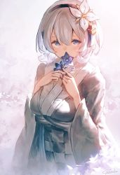 Rule 34 | 1girl, blue eyes, commentary request, covered mouth, flower, garuku, hair between eyes, hair ornament, headband, japanese clothes, long sleeves, looking at viewer, oshiro project:re, oshiro project:re, shikano (oshiro project), short hair, silver hair, solo