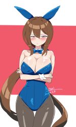 1girl :&lt; a.nori absurdres admire_vega_(umamusume) animal_ears breasts brown_hair cleavage closed_mouth collarbone crossed_arms dated groin hair_between_eyes hair_ornament highres horse_ears horse_girl large_breasts leotard long_hair looking_at_viewer playboy_bunny ponytail purple_eyes simple_background solo umamusume