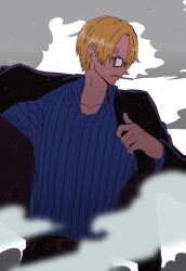 Rule 34 | 1boy, belt, black jacket, blonde hair, blue shirt, cigarette, collared shirt, commentary request, cowboy shot, curly eyebrows, facial hair, glasses, goatee stubble, hair over one eye, highres, jacket, looking to the side, male focus, one piece, sanji (one piece), shirt, smoke, solo, striped clothes, striped shirt, stubble, tanaka (tanakya123), vertical-striped clothes, vertical-striped shirt