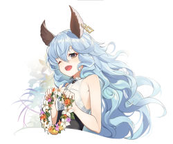 Rule 34 | 1girl, animal ears, backless dress, backless outfit, bare shoulders, breasts, brown eyes, commentary request, cropped torso, dress, earrings, erune, ferry (granblue fantasy), flower wreath, from side, granblue fantasy, head wreath, highres, hoop earrings, jewelry, long hair, looking at viewer, ohihil, one eye closed, open mouth, rabbit ears, sideboob, sideless outfit, silver hair, single earring, small breasts, smile, solo, upper body, wavy hair, white background