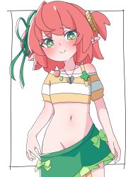 Rule 34 | absurdres, bare shoulders, blush, clover, coin hair ornament, collarbone, four-leaf clover, full-face blush, fuyo cloverfield, green eyes, green ribbon, green skirt, hair ornament, highres, idol corp, navel, no panties, notkuriimu, pointy ears, red hair, ribbon, skirt, sparkling eyes, stomach, stomach day, striped clothes, virtual youtuber