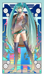 Rule 34 | 1girl, aqua eyes, aqua hair, ass, detached sleeves, hatsune miku, highres, long hair, looking at viewer, looking back, necktie, panties, pantyshot, parted lips, puu maru, skindentation, skirt, smile, solo, striped clothes, striped panties, thighhighs, twintails, underwear, upskirt, very long hair, vocaloid