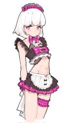 Rule 34 | 1girl, apron, arms behind back, bare shoulders, bow, brown skirt, closed mouth, crop top, cropped legs, dress, feet out of frame, fugota6509, highres, idol clothes, kiratto pri chan, looking at viewer, maid, maid headdress, navel, original, pink bow, pink eyes, pleated dress, pretty series, short hair, simple background, skirt, solo, standing, summer maid coord, thigh strap, unconventional maid, waist apron, white apron, white background, white hair
