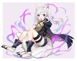 Rule 34 | 1girl, animal ears, animal hands, aura, candy, cookie, dark aura, fire emblem, fire emblem awakening, fire emblem heroes, food, fur trim, gloves, grima (fire emblem), halloween costume, highres, holding, lollipop, long hair, nintendo, open mouth, paw gloves, puni y y, red eyes, robin (female) (fire emblem), robin (fire emblem), shorts, simple background, solo, tail, thigh strap, twintails, white hair, wolf ears, wolf tail