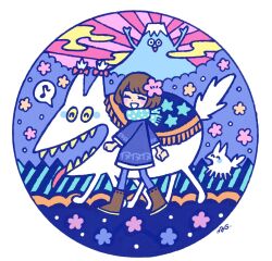 Rule 34 | 1girl, arms up, boots, brown footwear, circle, closed eyes, cloud, eighth note, flower, garouma, hair flower, hair ornament, long sleeves, mount fuji, musical note, open mouth, original, pink flower, pink sky, sky, smile, solo, speech bubble, wide shot, yellow flower