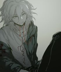 Rule 34 | 1boy, ai (meira32373165), black pants, collarbone, commentary request, danganronpa (series), danganronpa 2: goodbye despair, green jacket, grey eyes, grey hair, hair between eyes, in mouth, jacket, knee up, komaeda nagito, male focus, messy hair, mouth hold, off shoulder, open clothes, open jacket, pants, print shirt, red ribbon, ribbon, shirt, simple background, sitting, sketch, smile, solo, upper body