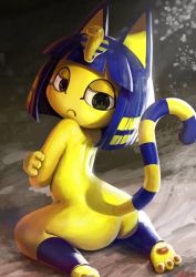 Rule 34 | 1girl, absurdres, animal crossing, animal ears, ankha (animal crossing), ass, black eyes, blue hair, blunt bangs, blunt ends, bob cut, cat ears, cat girl, cat tail, egyptian, female focus, from behind, frown, furry, furry female, hair ornament, half-closed eyes, highres, inoue kuto, looking back, multicolored hair, nintendo, nude, pawpads, sitting, snake hair ornament, solo, tail, wariza