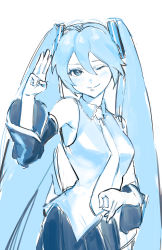 Rule 34 | 1girl, absurdres, bare shoulders, blue hair, blue theme, blush, closed mouth, drawing alpaca, eyelashes, hair between eyes, hand gesture, hatsune miku, highres, long eyelashes, long hair, looking at viewer, monochrome, necktie, one eye closed, skirt, smile, solo, twintails, very long hair, vocaloid