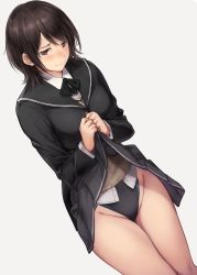 Rule 34 | 1girl, amagami, black bow, black bowtie, black eyes, blush, bow, bowtie, breasts, brown hair, clothes lift, collared shirt, competition swimsuit, embarrassed, grey skirt, groin, highleg, highleg swimsuit, highres, jacket, lifting own clothes, looking at viewer, medium breasts, one-piece swimsuit, sailor collar, serizawa (serizawaroom), shirt, short hair, simple background, skirt, skirt lift, solo, standing, swimsuit, swimsuit under clothes, takahashi maya, thighs, vest, wavy mouth, white shirt