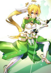 Rule 34 | 1girl, armor, black gloves, blonde hair, boots, breastplate, commentary request, dress, glint, gloves, green dress, green eyes, hair between eyes, hair ornament, high heel boots, high heels, highres, holding, holding sword, holding weapon, is ii, juliet sleeves, leafa, long hair, long sleeves, looking at viewer, parted lips, ponytail, puffy sleeves, sheath, solo, standing, sword, sword art online, sword art online: alicization, sword art online: alicization - war of underworld, thigh boots, thighhighs, unsheathing, v-shaped eyebrows, vambraces, very long hair, weapon, white footwear, white thighhighs