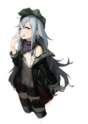 Rule 34 | 1girl, absurdres, black thighhighs, blush, brown eyes, clothing cutout, coat, cropped legs, g11 (girls&#039; frontline), girls&#039; frontline, green coat, hair between eyes, half-closed eye, hand up, hat, highres, knee pads, long hair, long sleeves, looking at viewer, messy hair, one eye closed, open clothes, open coat, open mouth, red scarf, scarf, scarf on head, shirt, short shorts, shorts, shoulder cutout, sidelocks, silver hair, simple background, single thighhigh, solo, strap, thigh strap, thighhighs, thighs, tomori-san, very long hair, yawning