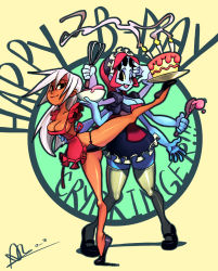 Rule 34 | 2girls, alex ahad, apron, arthropod girl, balancing, blue skin, borrowed character, bowl, breasts, cake, cleavage, colored skin, dark-skinned female, dark skin, demon mages, extra arms, extra eyes, eyeshadow, food, happy birthday, insect girl, large breasts, maid, maid apron, maid headdress, makeup, multiple girls, nearly naked apron, no arms, one eye closed, original, pigeon-toed, radan, red hair, sideboob, spider girl, spider maid wendy, spoon, standing, standing on one leg, thighhighs, tiptoes, tray, whisk, white hair, wink