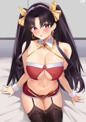 Rule 34 | 1girl, absurdres, black hair, bra, breasts, brown thighhighs, cleavage, detached collar, earrings, fate/grand order, fate (series), hair ribbon, highres, hoop earrings, ishtar (fate), jewelry, kurozawa yui, large breasts, long hair, looking at viewer, miniskirt, open mouth, parted bangs, pendant, red bra, red eyes, red skirt, ribbon, skirt, solo, thighhighs, two side up, underwear