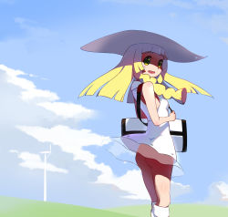 Rule 34 | 1girl, :d, ass, bad id, bad pixiv id, bag, bare shoulders, blonde hair, blue sky, blunt bangs, blush, braid, breasts, cloud, creatures (company), day, dress, from side, game freak, green eyes, haapi jang p, hat, highres, lillie (pokemon), long hair, looking at viewer, looking back, nintendo, no panties, open mouth, pokemon, pokemon sm, see-through, sky, sleeveless, sleeveless dress, small breasts, smile, solo, standing, sun hat