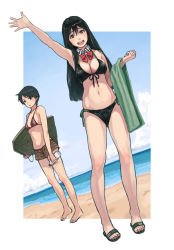 Rule 34 | 2girls, :d, arm up, barefoot, beach, bikini, black eyes, black hair, blue sky, bottle, bow, bowtie, breasts, brown eyes, chikuma (kancolle), cleavage, cloud, day, detached collar, dutch angle, front-tie top, full body, gufu (guffuumu), hair between eyes, holding, holding bottle, kantai collection, kickboard, long hair, medium breasts, mogami (kancolle), multiple girls, navel, ocean, open mouth, sandals, short hair, short shorts, shorts, side-tie bikini bottom, sketch, sky, small breasts, smile, standing, swimsuit, towel, water bottle, waving