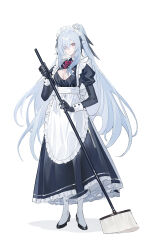 Rule 34 | 1girl, absurdres, alternate costume, apron, black footwear, black gloves, blue hair, bow, bowtie, breasts, cleavage, cleavage cutout, clothing cutout, commentary request, echj, enmaided, frilled apron, frills, full body, gloves, highres, holding, holding mop, honkai: star rail, honkai (series), jingliu (honkai: star rail), juliet sleeves, large breasts, long hair, long sleeves, looking at viewer, maid, maid headdress, mop, pantyhose, petticoat, pink eyes, puffy sleeves, purple bow, purple bowtie, shoes, simple background, solo, standing, very long hair, waist apron, white apron, white background, white pantyhose