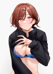 Rule 34 | 1girl, absurdres, black jacket, blue bra, blush, bra, breasts, brown hair, cl (summer sama), cleavage, clothes pull, hair ornament, hairclip, hand on own chest, highres, higuchi madoka, idolmaster, idolmaster shiny colors, jacket, jacket pull, looking at viewer, medium breasts, mole, mole under eye, nail polish, open mouth, pink nails, purple eyes, short hair, solo, teeth, underwear, upper body, white background