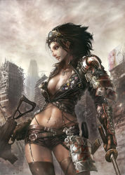 Rule 34 | 10s, 1girl, 2016, armor, badge, belt, belt buckle, billboard, black hair, blue eyes, breasts, brown gloves, brown shorts, brown thighhighs, buckle, building, chest tattoo, cleavage, collarbone, cowboy shot, cropped jacket, dated, debris, dress, dual wielding, earrings, el jay lee, eyelashes, garter straps, gauntlets, gloves, gluteal fold, goggles, goggles on head, gun, highleg, highleg panties, highres, holding, holding gun, holding sword, holding weapon, image sample, jacket, jay b lee, jewelry, large breasts, leather, leather jacket, legs apart, lips, lipstick, machine gun, makeup, midriff, navel, navel piercing, necklace, nose, original, panties, pauldrons, piercing, scabbard, sheath, sheathed, shiny skin, short dress, short shorts, shorts, shoulder armor, signature, skindentation, skyscraper, solo, stomach tattoo, stud earrings, submachine gun, sword, tattoo, thighhighs, toy block, underwear, weapon