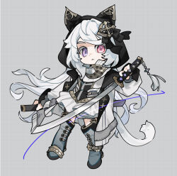 Rule 34 | 1girl, animal ear hood, animal ears, black bow, black hood, black vest, blue footwear, blue hair, boots, bow, cat ears, character request, coat, coattails, collar, collared coat, copyright request, crescent brooch, cross hair ornament, cross print, deformed, expressionless, fake animal ears, full body, grey background, grid background, hair bow, hair ornament, heterochromia, high collar, highres, holding, holding sheath, holding sword, holding weapon, hood, hood up, hooded coat, katana, knee boots, long hair, long sleeves, looking at viewer, miniskirt, parted lips, pink eyes, pleated skirt, puffy long sleeves, puffy sleeves, purple eyes, ruguo wajue jineng kaihua, sheath, simple background, skirt, solo, sword, tassel, two-sided coat, two-sided fabric, very long hair, vest, weapon, white coat, white collar, white hair, white skirt