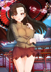 Rule 34 | 1girl, 3d background, black hair, blush, breasts, brown eyes, cherry blossoms, cherry tree, chi-hatan school uniform, girls und panzer, highres, large breasts, long hair, looking at viewer, megadeko, microskirt, nishi kinuyo, open mouth, outdoors, photo inset, pleated skirt, red skirt, school uniform, shiny skin, skirt, sky, smile, solo, standing, umbrella