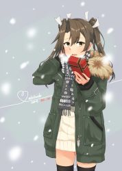 Rule 34 | 1girl, alakoala, alternate costume, artist name, black scarf, black thighhighs, brown hair, coat, commentary request, cowboy shot, dated, dress, fur-trimmed coat, fur trim, green coat, hair ribbon, highres, jewelry, kantai collection, long hair, ribbed dress, ribbed sweater, ribbon, ring, scarf, snow, solo, sweater, thighhighs, twintails, wedding band, white dress, white sweater, yellow eyes, zuikaku (kancolle)