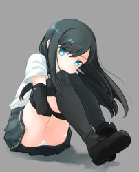 Rule 34 | 10s, 1girl, arm warmers, asashio (kancolle), bad id, bad pixiv id, black hair, black thighhighs, blue eyes, comah, grey background, grey skirt, head rest, head tilt, hugging own legs, kantai collection, knees up, legs together, loafers, long hair, panties, pantyshot, pleated skirt, school uniform, shoes, sitting, skirt, solo, suspenders, thighhighs, underwear, upskirt, white panties