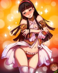 Rule 34 | 2girls, :3, = =, absurdres, alternate costume, amagi yukiko, averting eyes, bare shoulders, blue eyes, blunt bangs, blurry, blush, bokeh, breasts, brown hair, cleavage, closed mouth, cowboy shot, crossed arms, depth of field, detached sleeves, dress, embarrassed, female focus, frilled panties, frills, gradient background, green jacket, groin, hairband, happy, head tilt, high-cut armor (persona), highres, hime cut, jacket, long hair, looking to the side, medium breasts, multiple girls, navel, nose blush, orange background, panties, persona, persona 4, persona 4 the golden, red hairband, red panties, red sleeves, revision, ribbed legwear, satonaka chie, shiny skin, short hair, skindentation, sleeveless, sleeveless dress, smile, solo focus, sparkle, standing, stomach, thighhighs, thighs, toasty scones, underwear, wavy mouth, white dress, white legwear