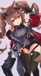 Rule 34 | 1girl, absurdres, angelina (arknights), angelina (endfield) (arknights), arknights, arknights: endfield, black bracelet, black gloves, black thighhighs, brown hair, feet out of frame, gloves, grey background, grey shirt, hair ornament, hand up, highres, infection monitor (arknights), jacket, lamune otohara, long hair, long sleeves, open clothes, open jacket, red eyes, red jacket, shirt, simple background, sleeveless, sleeveless shirt, smile, solo, split mouth, thighhighs, twintails