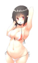 Rule 34 | 1girl, absurdres, arm up, armpits, bad id, bad pixiv id, bikini, black hair, breasts, cleavage, cowboy shot, front-tie bikini top, front-tie top, highres, looking at viewer, medium breasts, mouth hold, navel, outdoors, pointy ears, red eyes, shameimaru aya, short hair, side-tie bikini bottom, simple background, solo, stomach, string bikini, swimsuit, touhou, transparent background, white background, white bikini, yusake san