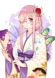Rule 34 | 1girl, alternate costume, alternate hair length, alternate hairstyle, commentary request, fate/grand order, fate (series), floral print, flower, glasses, hagoita, hair flower, hair ornament, hair over one eye, holding, japanese clothes, kimono, long hair, long sleeves, looking at viewer, mash kyrielight, obi, paddle, parted lips, pink flower, pink hair, print kimono, purple eyes, red flower, ryuuno6, sash, solo, white kimono, wide sleeves