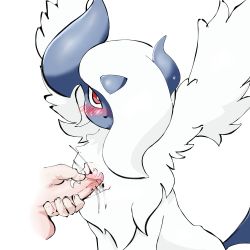 Rule 34 | :&lt;, absol, absurdres, animal focus, bestiality, blush, bright pupils, closed mouth, creatures (company), disembodied hand, disembodied penis, erection, feathered wings, fluffy, fur collar, game freak, gen 3 pokemon, hair over one eye, hairjob, highres, looking up, mega absol, mega pokemon, motion lines, nintendo, nose blush, one eye covered, penis, pokemon, pokemon (creature), red eyes, red leopard, short hair, simple background, sitting, solo focus, sweat, testicles, uncensored, white background, white hair, white pupils, white theme, white wings, wings