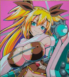 Rule 34 | 1girl, blonde hair, blue eyes, blush, bow, braid, breasts, brown bow, cleavage, covered erect nipples, gloves, grey gloves, hair ornament, hairclip, highres, large breasts, long hair, looking at viewer, navel, orb, pink background, scan, scarf, sennen sensou aigis, shiny skin, simple background, solo, soune1000, standing, traditional media, white scarf, wide sleeves, zola (sennen sensou aigis)