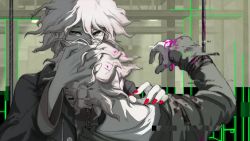 Rule 34 | 2boys, blood, chain, commentary, danganronpa (series), danganronpa 2: goodbye despair, danganronpa another episode: ultra despair girls, dual persona, english commentary, fingernails, glitch, grey hair, hair between eyes, hand on another&#039;s head, hand up, jacket, komaeda nagito, male focus, messy hair, multiple boys, nail polish, pink blood, red nails, rope, servant (danganronpa), shirt, spot color, striped clothes, striped shirt, yandr4hope