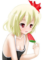 Rule 34 | 1girl, bare shoulders, blonde hair, collarbone, fang, flat chest, food, hair ribbon, hifumi kei, holding, nipple slip, nipples, popsicle, red eyes, ribbon, rumia, short hair, simple background, solo, tank top, touhou, watermelon bar, white background